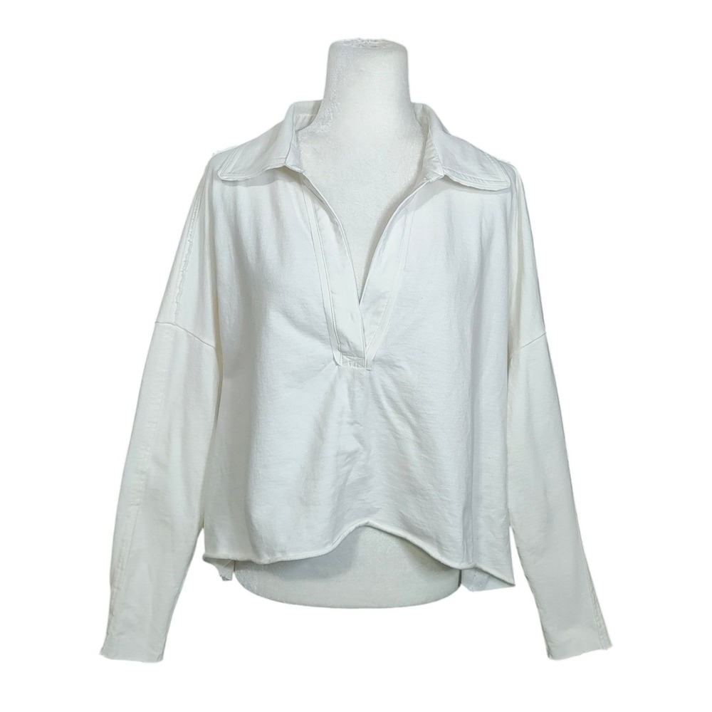 FP Movement Free People White Long Sleeve V-Neck Top Cotton Normcore Cozy Size M